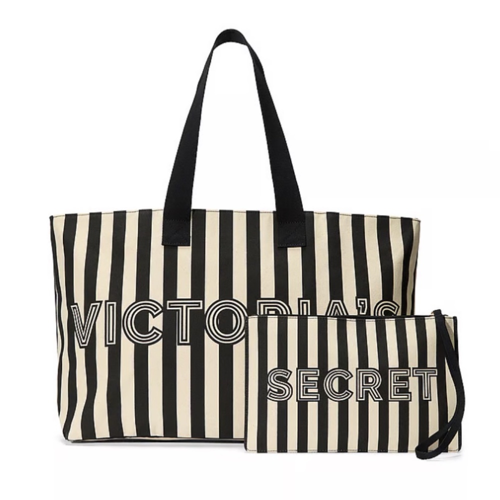 Brand New VICTORIA'S SECRET Graphic Stripe Tote & Wristlet Pouch Set